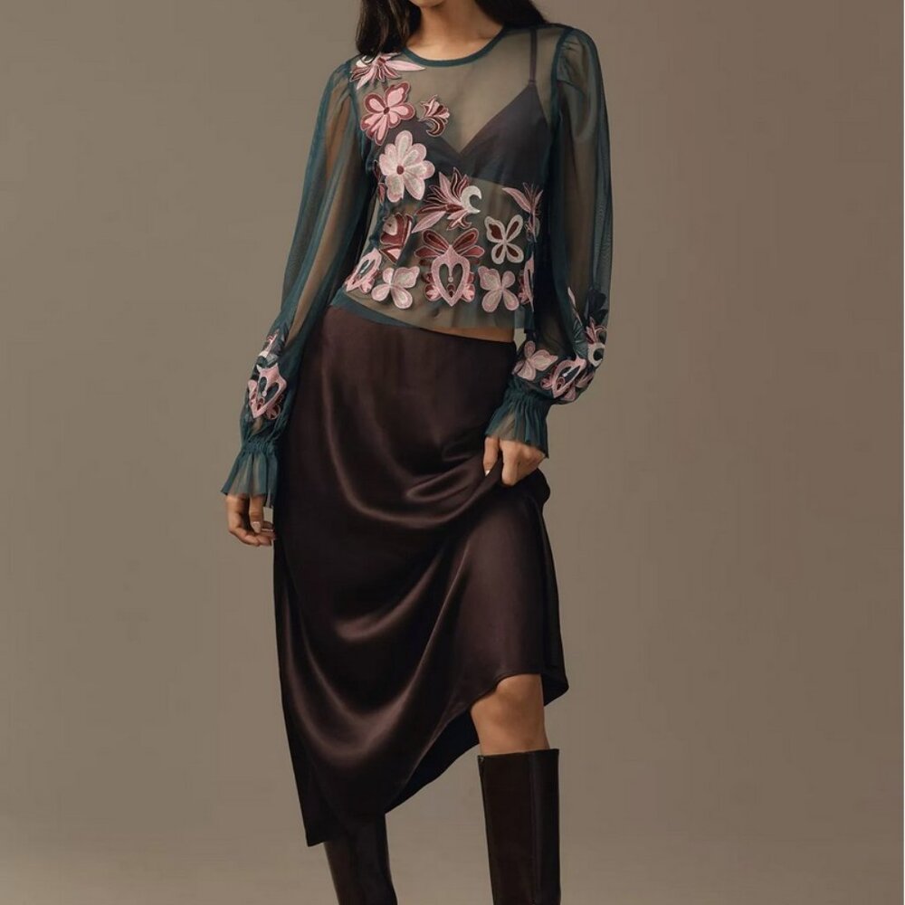 By Anthropologie Long-Sleeve Embroidered Mesh Top size XS nwt - Picture 4 of 9